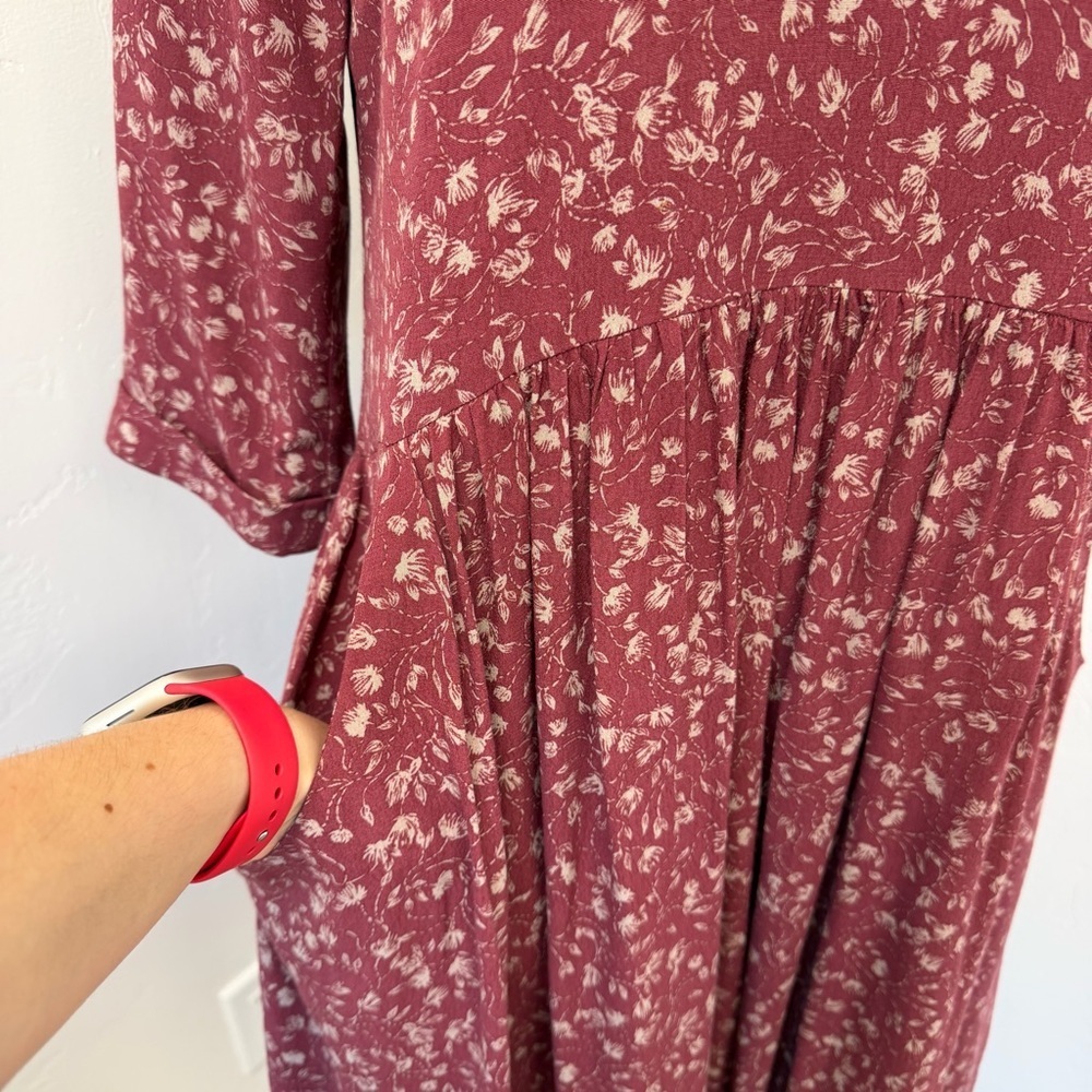 Garnet Hill Burgundy Floral V-Neck Babydoll Midi Dress Size 8 - Picture 6 of 14